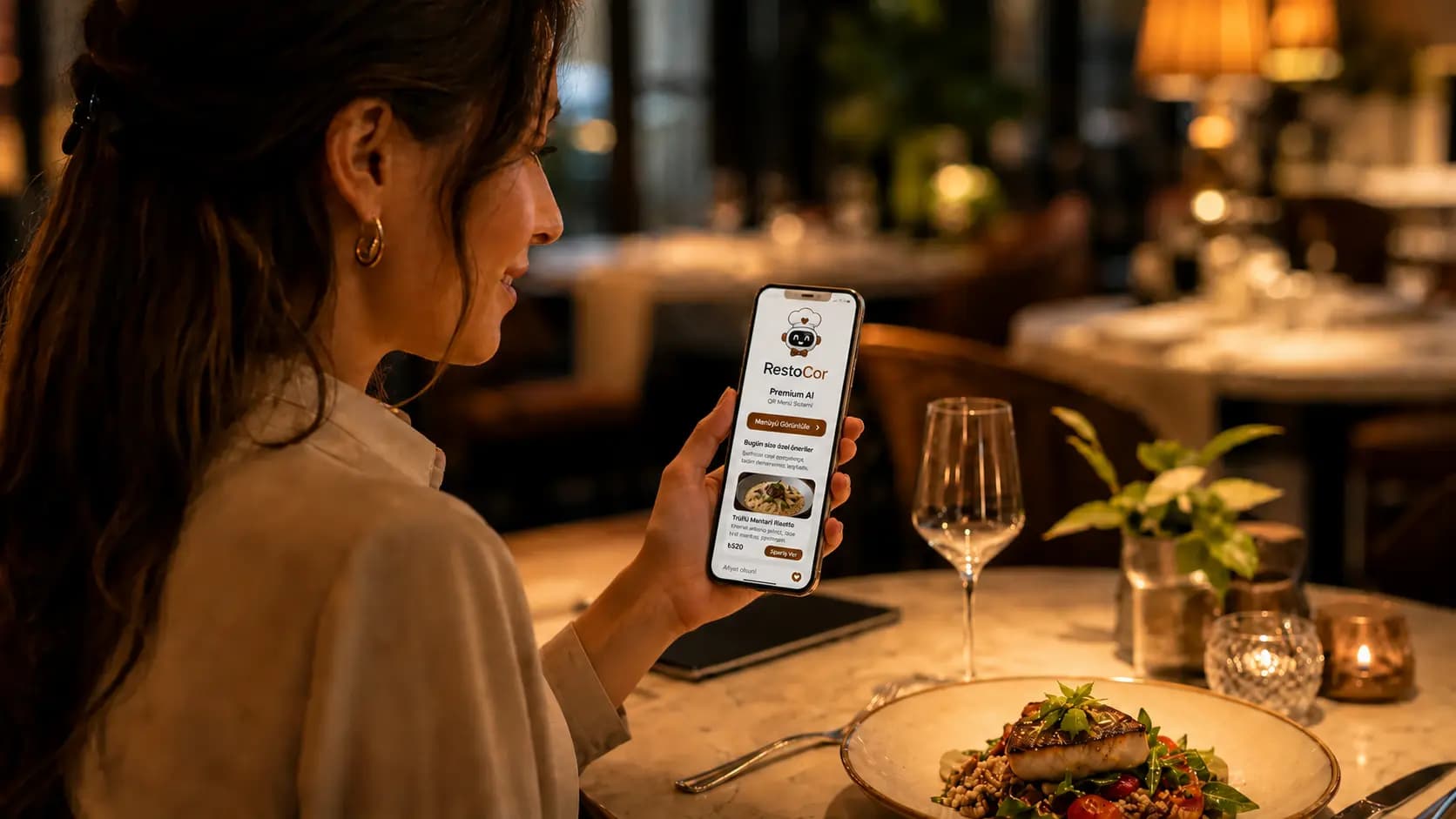 Restoranda QR menü üzerinden AI asistan ile ürün önerisi alan müşteri